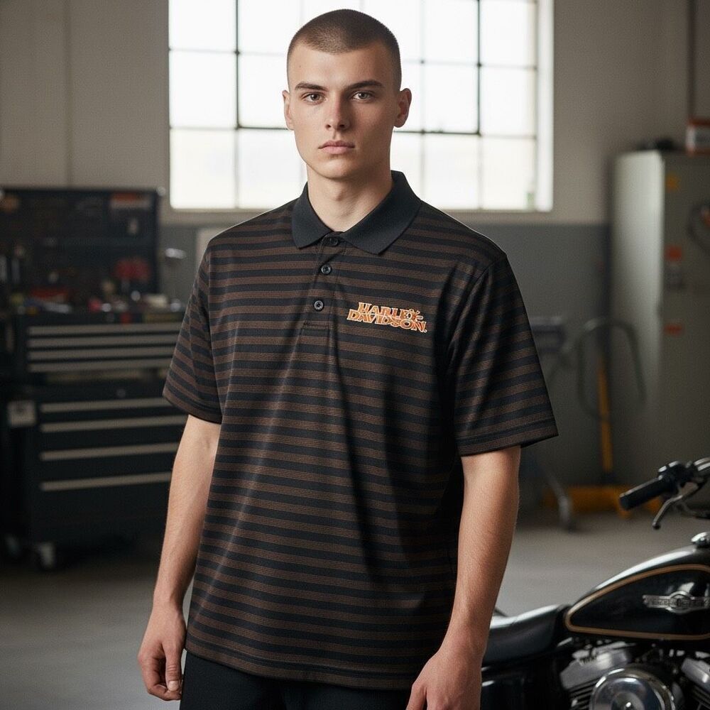 Harley Davidson Brown Striped Short‎ Sleeve Polo Shirt Medium Okoboji IA